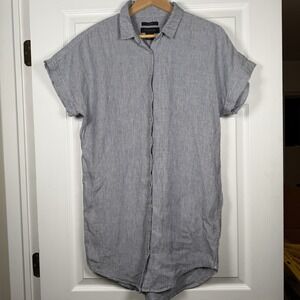 Tahari Shirt Dress 100% Linen Blue Striped
